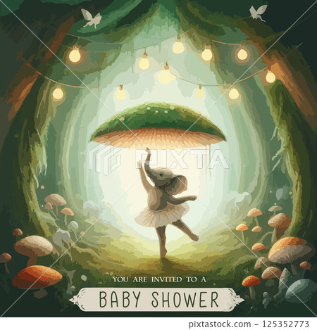Magic template for children's Baby Shower party watercolor illustration elephant ballerina in a magical forest. Magic template for children's Baby Shower party watercolor illustration elephant ballerina in a magical forest. 125352773