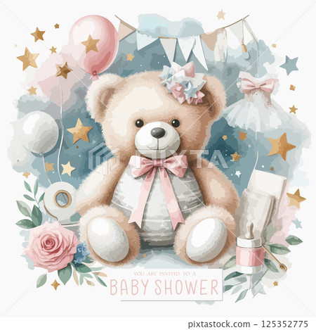 Cute baby shower watercolor invitation card for new born celebration. With plush toy teddy bear, balloons and stars. 125352775
