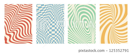 Psychedelic groovy patterns. Vector set of abstract vibrant wavy and distorted optical illusions in retro color palettes. Warped striped and checkered backgrounds for vintage posters in 70s style Psychedelic groovy patterns. Vector set of abstract vibrant wavy and distorted optical illusions in retro color palettes. Warped striped and checkered backgrounds for vintage posters in 70s style 125352791