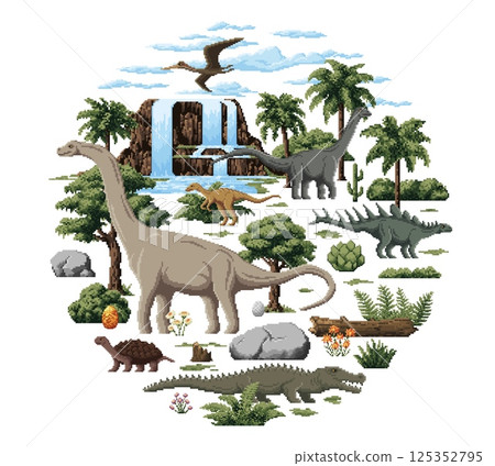 8bit pixel prehistoric dinosaurs and Jurassic lizards in jungle forest, vector dino characters. Cartoon 8 bit pixel dinosaurs, reptiles and giant lizards with pterodactyl in prehistoric jungle forest 125352795