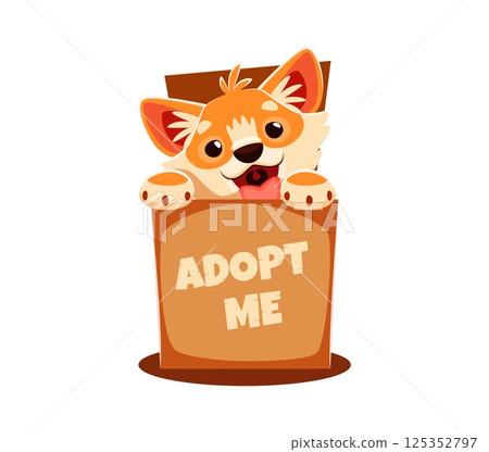 Adopt a dog, cute puppy sitting in carton box with inscription adopt me. Cartoon vector canine character in shelter for homeless animals. Stray pets adoption, helping charity, finding owners for dogs Adopt a dog, cute puppy sitting in carton box with inscription adopt me. Cartoon vector canine character in shelter for homeless animals. Stray pets adoption, helping charity, finding owners for dogs 125352797