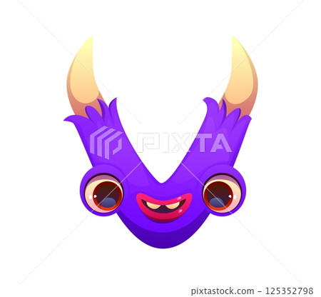Crazy monster character cartoon font letter V. Bizarre bugaboo monster character alphabet letter, Halloween scarecrow vector font typeset symbol. Spooky horror bogle personage kids ABC type sign 125352798