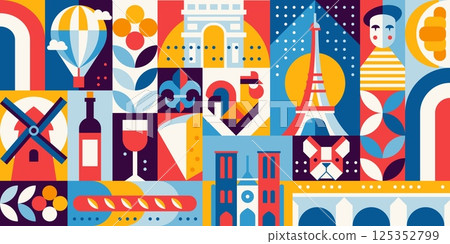 Geometric France pattern. Vector background representing French culture with icons like the Eiffel tower, arc de triumphed, wine, baguette, cheese and hot air balloon, rooster, Notre dame, windmill 125352799