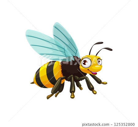 Cartoon wasp, bee or bumblebee funny character with big googly eyes, vector insect. Cartoon cute wasp or hornet bee with happy face and smile, small insect creature or wild bumble bee for kids mascot 125352800
