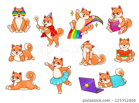 Cartoon shiba inu dog puppy characters set of vector cute japanese pet animals. Funny shiba inu dogs personages posing, playing, dancing. Happy chubby brown puppies with fancy sunglasses and rainbow 125352808