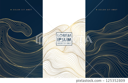 Vector set of gold wave background design, abstract luxury line art templates. Wine premium art deco package, chocolate, menu patterns, fancy vip graphic. 125352809