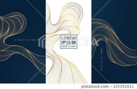 Vector set of gold wave background design, abstract luxury line art templates. Wine premium art deco package, chocolate, menu patterns, fancy vip graphic. 125352811