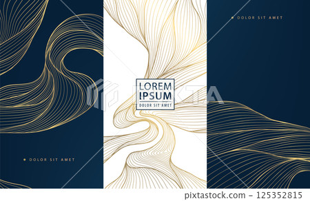 Vector set of gold wave background design, abstract luxury line art templates. Wine premium art deco package, chocolate, menu patterns, fancy vip graphic. 125352815