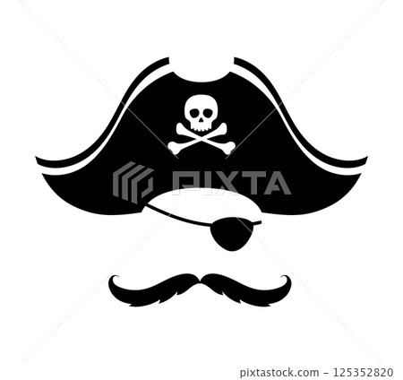 Pirate captain photo booth mask with black tricorn hat, mustache and an eye patch. Isolated vector corsair sailor face complete with an eyepatch and cocked hat, swashbuckling skipper costume template Pirate captain photo booth mask with black tricorn hat, mustache and an eye patch. Isolated vector corsair sailor face complete with an eyepatch and cocked hat, swashbuckling skipper costume template 125352820