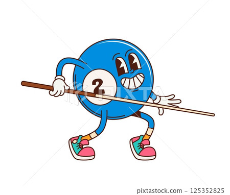 Billiard blue ball with cue sport groovy cute character. Game championship happy funky isolated vector personage, billiard club competition funny hippie character. Sport tournament cheerful mascot Billiard blue ball with cue sport groovy cute character. Game championship happy funky isolated vector personage, billiard club competition funny hippie character. Sport tournament cheerful mascot 125352825