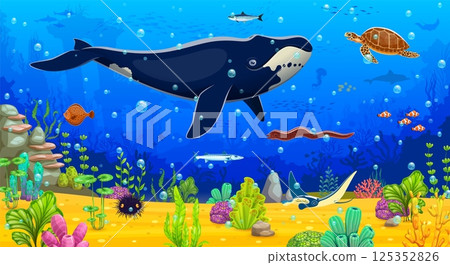 Underwater landscape game background. Cartoon blue whale, seaweeds, sea animals and fish characters at ocean bottom vector underwater landscape with sea turtle, manta ray, flounder, corals and bubbles Underwater landscape game background. Cartoon blue whale, seaweeds, sea animals and fish characters at ocean bottom vector underwater landscape with sea turtle, manta ray, flounder, corals and bubbles 125352826