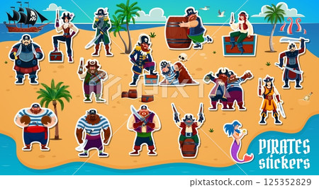 Cartoon pirate and corsair characters stickers pack. Vector patches with funny rovers. Captain, boatswain and swashbuckler with female pirate queen on secret island sandy beach with palm trees and sea Cartoon pirate and corsair characters stickers pack. Vector patches with funny rovers. Captain, boatswain and swashbuckler with female pirate queen on secret island sandy beach with palm trees and sea 125352829