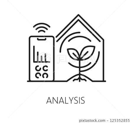 Mobile crop analysis, robot smart farm icon, agriculture technology and eco sustainability vector linear symbol features a plant sprout inside a greenhouse with a smartphone displaying wireless data Mobile crop analysis, robot smart farm icon, agriculture technology and eco sustainability vector linear symbol features a plant sprout inside a greenhouse with a smartphone displaying wireless data 125352855