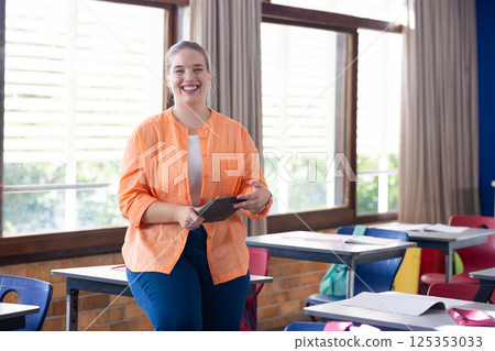 Smiling female teacher holding tablet in classroom, standing by desks in school Smiling female teacher holding tablet in classroom, standing by desks in school 125353033