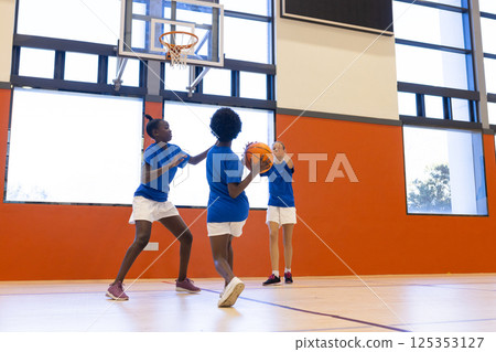 Playing basketball in school gym, diverse girls practicing and having fun together Playing basketball in school gym, diverse girls practicing and having fun together 125353127