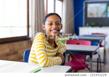 Smiling girl sitting at desk in classroom, enjoying school environment Smiling girl sitting at desk in classroom, enjoying school environment 125353229