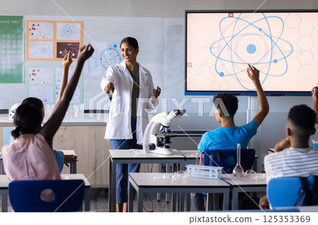In school, Indian female teacher engaging students in science lesson with microscope and screen In school, Indian female teacher engaging students in science lesson with microscope and screen 125353369