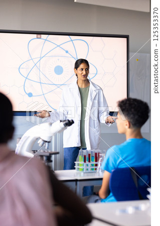 Explaining science, indian female teacher in school with students, microscope, and test tubes 125353370