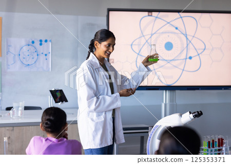 Holding flask and explaining experiment, woman teaching science to students in school 125353371