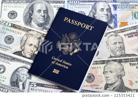 American passport on a US dollar 125353421
