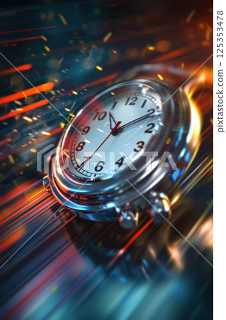 Macro shot of modern chronograph watch with flying glowing sparks in motion 125353478