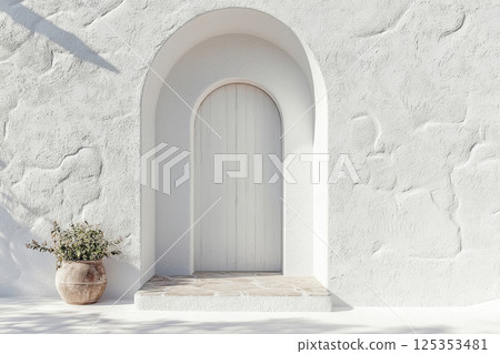 White arched doorway with terracotta pot and stairs 125353481