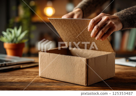 Hands opening cardboard box on wooden table indoors. Unboxing package Hands opening cardboard box on wooden table indoors. Unboxing package 125353487