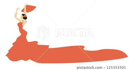 Spanish flamenco dancer with fan isolated on white horizontal background. Vector illustration 125353501