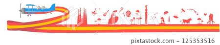 vintage airplane with a couple on board, with the horizontal spain flag with spanish symbols and icons. Vector illustration vintage airplane with a couple on board, with the horizontal spain flag with spanish symbols and icons. Vector illustration 125353516