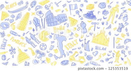 Italy travel linear illustration, summer motif, doodle. Hand drawn in watercolor style. 125353519