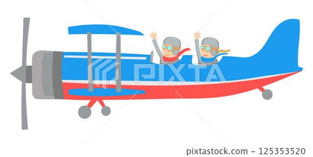 vintage airplane with couple in love waving. cartoon flat style 125353520