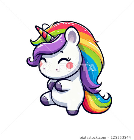 Cute cartoon happy magic unicorn with rainbow on a white background Cute cartoon happy magic unicorn with rainbow on a white background 125353544