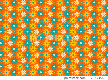 Seamless pattern with flowers on a orange background. Vector illustration for decoration and printing on packaging, textiles, clothing, wallpaper, etc. Spring, summer, nature, plant, flowers, leaves. 125353568