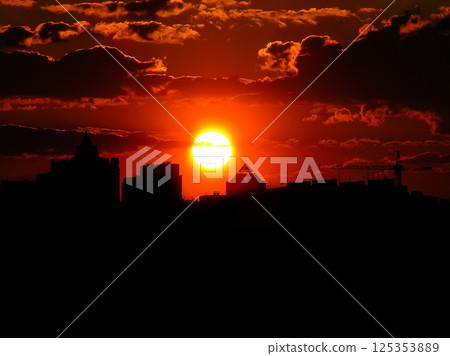 Autumn red sunset with a purple sky Autumn red sunset with a purple sky 125353889