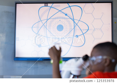In school, student using microscope in science classroom, focusing on experiment 125353978