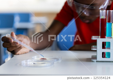 In school, student using pipette with petri dish and test tubes in science class, copy space 125354124