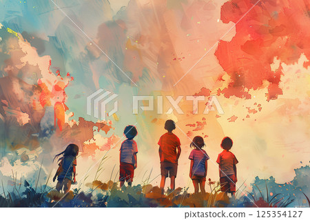 Children looking up at the sunset (watercolor painting) Children looking up at the sunset (watercolor painting) 125354127