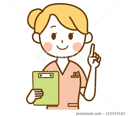 A female nurse holding a binder and explaining 125354183