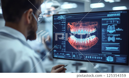 Dentist analyses a tooth X-ray holographic film. The concept of dental care, diagnostics, and precision in oral health treatment with modern technology. Generative AI. 125354359