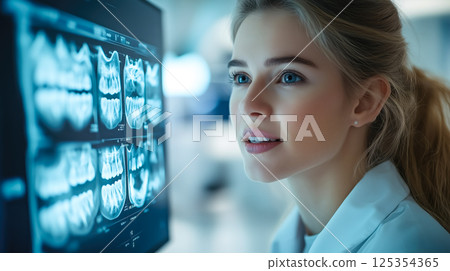 Dentist analyses a tooth X-ray holographic film. The concept of dental care, diagnostics, and precision in oral health treatment with modern technology. Generative AI. 125354365