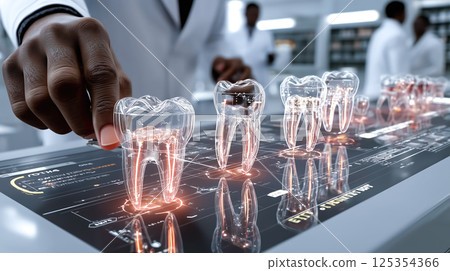 Dentist analyses a tooth X-ray holographic film. The concept of dental care, diagnostics, and precision in oral health treatment with modern technology. Generative AI. 125354366