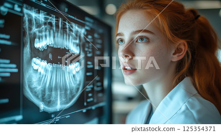 Dentist analyses a tooth X-ray holographic film. The concept of dental care, diagnostics, and precision in oral health treatment with modern technology. Generative AI. 125354371