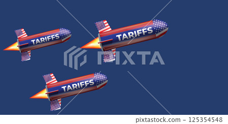 American tariffs and US government taxation vector banner with flying rocket with text tariffs in sky. USA trade war and war policy, duties imposed on imports and exports. 125354548