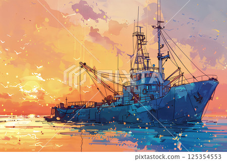 Watercolor painting of the sea and fishing boats 125354553