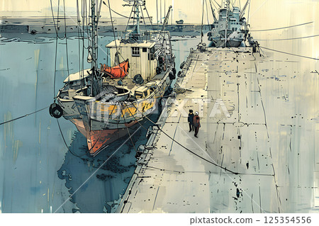 Watercolor painting of the sea and fishing boats 125354556