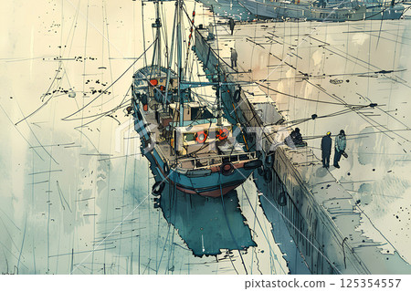 Watercolor painting of the sea and fishing boats 125354557