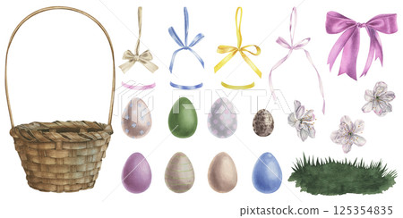 Colored eggs, satin ribbon bows, cherry blossoms and green grass. Hand drawn watercolor illustration of an Easter decor on an isolated background. A delicate set for greeting cards and invites. 125354835