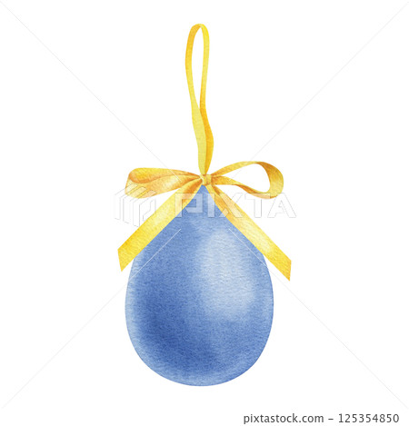 Blue chicken egg hanging on yellow satin ribbon bow. Hand drawn watercolor illustration of colored decorative element for Easter holiday on isolated background. For greeting cards or invitations 125354850