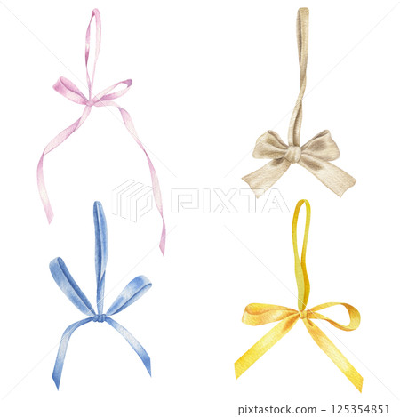 Satin ribbon bows with hanging loops. Hand drawn watercolor illustration of gorgeous stripe on isolated background. Drawing of ornate textile tapes in pink, yellow, beige and blue colors. 125354851