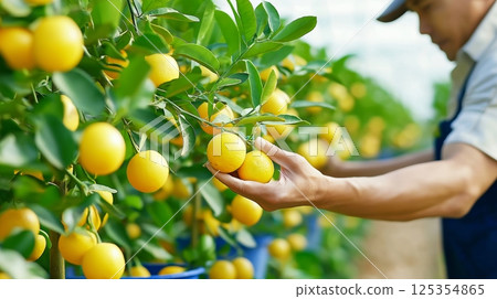 Asian male farmer harvesting citrus fruits in orchard 125354865